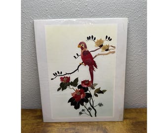 Cuadro vintage de espiga de trigo pintada a mano sobre seda, arte de pared con pájaros asiáticos y motivos florales.