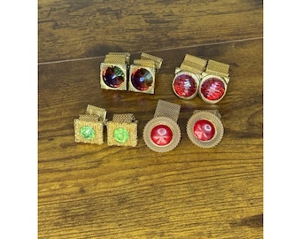 Vintage Lot Of 4 Sets Rhinestone Colored Wrap Around Gold Tone Cufflinks