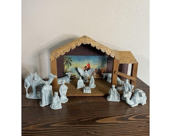 Vintage Christmas Hand painted Light Blue Ceramic Collectible Nativity Set