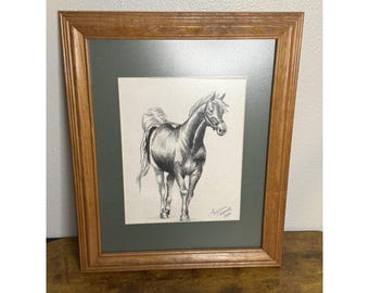 Dibujo de caballo vintage enmarcado para pared, marco de madera maciza, paspartú y firmado.