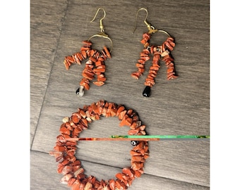 Red Jasper Wrap Chip Bracelet & Matching Dangle Earrings Set Boho Stone Jewelry
