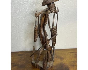 Vintage Hand Carved Ebony Wood Statue Water Carrier Man Fisherman