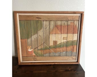 Décoration murale vintage des années 70 MCM, rustique, non signée, 13 x 15