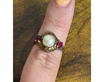 Antique Ostby Barton 10k Gold Pearl Ring Rubies Gemstone 6g Size 7 READ