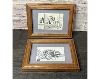 Vintage Framed Raccoon Prints Set of 2 Signed Limited Ed Art Small Pencil 8x6