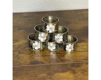 Vintage Alpaca Silver Abalone Mother of Pearl Flower Inlay Napkin Ring Set of 6