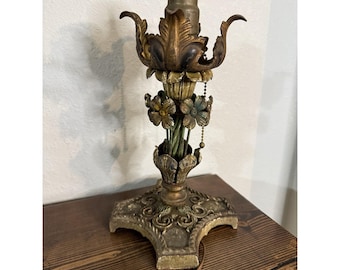Antique Painted Cast Iron Rare Floral Ornate Table Lamp Pull Chord