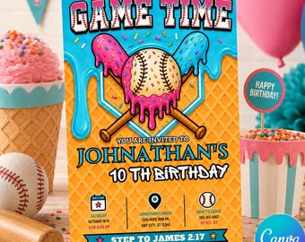 Baseball Ice Cream Drip Birthday Invitation, Editable Canva Party Invite (Digital Download)