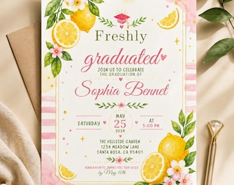 May include: Graduation announcement with watercolor lemons, pink flowers, and the text "Freshly graduated" inviting guests to celebrate Sophia Bennet's graduation on May 25, 2024, at 5:00 PM.