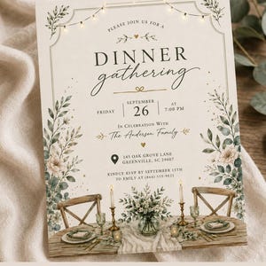 Dinner Party Invitation Template, Elegant Dinner Gathering Invite, Family Dinner Invitation, Rustic Greenery Dinner Party