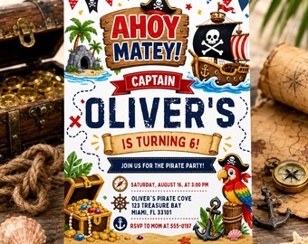 Pirate Birthday Invitation, Ahoy Matey, Editable Canva Template (Digital Download)