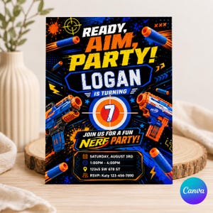 May include: A party invitation with a black background and orange and blue accents. The invitation reads "Ready, Aim, Party! Logan is turning 7." It includes details for a Nerf party, including the date, time, and location.
