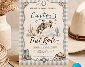 May include: A rodeo-themed invitation with a blue and white gingham background. The invitation features a cowboy riding a bucking bronco, cacti, and a horseshoe. Text includes "Carter's First Rodeo" and event details.