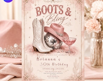 Boots Bling 30th Birthday Invitation, Western Glam Cowgirl Party (Digital Download)