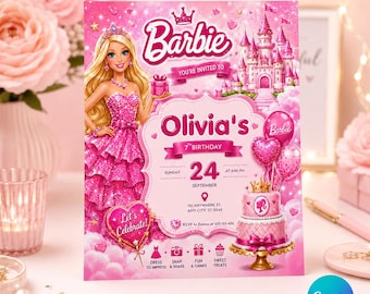 Editable Barbie Birthday Invitation | Pink Glitter Party (Canva Template)
