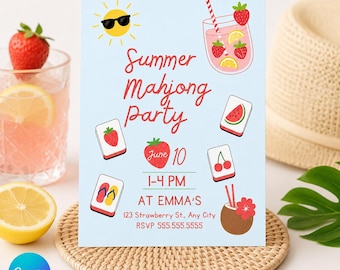 May include: Light blue invitation with the text "Summer Mahjong Party" in red script. The invitation includes illustrations of a sun wearing sunglasses, a drink with strawberries, and mahjong tiles with fruit. The date is June 10.