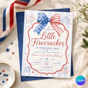 May include: A patriotic birthday invitation with a blue envelope. The invitation features a red and blue bow, fireworks, and the text "Little Firecracker is turning one!" The invitation includes the date, time, and RSVP information.
