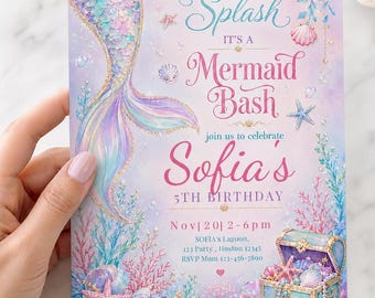 May include: A pastel-colored mermaid-themed birthday party invitation. The invitation features a mermaid tail, seashells, and the text "Splish Splash, It's a Mermaid Bash" and "Sofia's 5th Birthday".