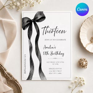 May include: A white invitation card with a black watercolor bow and ribbons. The card reads "Thirteen" and invites guests to Amelia's 13th birthday. Includes RSVP information and event details.