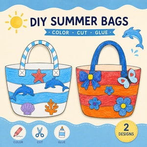 Pode incluir: Dois designs de sacolas de verão DIY. Uma sacola é listrada em azul e branco com uma estrela do mar, golfinhos, uma concha e corais. A outra sacola é listrada em vermelho e laranja com um laço azul, flores e uma borboleta. As sacolas são rotuladas como "Colorir, Cortar, Colar".