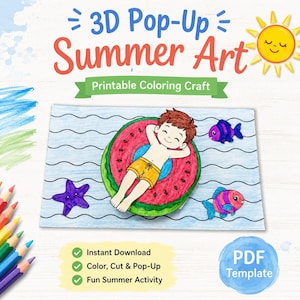 Puede incluir: Una plantilla de manualidad para colorear 3D pop-up de verano con una persona flotando en un flotador de sandía en agua azul, una estrella de mar morada y dos peces coloridos, con el texto 3D Pop-Up Summer Art.