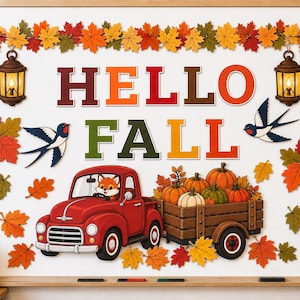 May include: A bulletin board display featuring the text HELLO FALL in colorful letters, decorated with autumn leaves, two hanging lanterns, two swallows, and a red truck carrying a wooden crate filled with orange and green pumpkins.