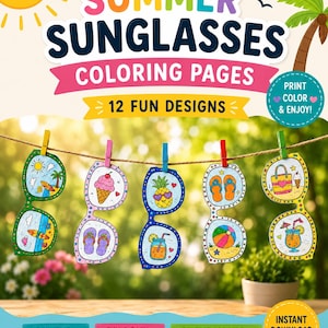 Puede incluir: Ilustración colorida de páginas para colorear de gafas de sol de verano. La imagen presenta el texto "SUMMER SUNGLASSES COLORING PAGES" y "12 FUN DESIGNS". Las gafas de sol están decoradas con diseños de playa y verano. También incluye el texto "PRINT COLOR & ENJOY!"