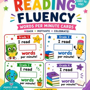 Op de afbeelding: Kleurrijke educatieve kaarten voor groep 1-4, ontworpen om de leesvaardigheid te volgen. De kaarten bevatten leuke illustraties van een ster, potlood, wereldbol en boeken. De tekst op de kaarten luidt "I read" en "words per minute!"