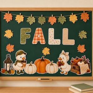 May include: A dark green bulletin board with a wooden frame featuring the word FALL in large letters, a string of paper autumn leaves, two duck illustrations, pumpkins, a lantern, and a wooden crate filled with harvest produce and foliage.