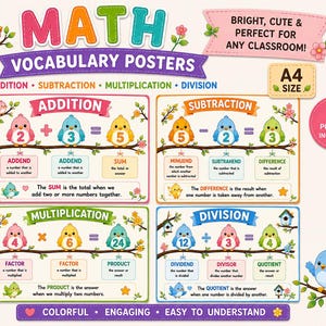 May include: A set of four educational math vocabulary posters in A4 size, featuring colorful cartoon birds on branches. The posters illustrate addition, subtraction, multiplication, and division concepts with definitions for terms like addend, sum, minuend, subtrahend, difference, factor, product, dividend, divisor, and quotient.
