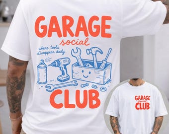 Garage Social Club Comfort Colors® T-shirt, rolig mekaniker ingenjör bil kille gåva, grafisk t-shirt för bilverkstad