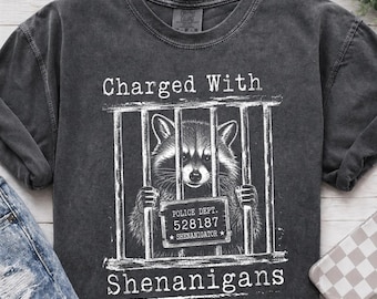 Charged with shenanigans Comfort Colors®-shirt, meme-shirt grappige wasbeer, losgeslagen humorshirt, donkere humor dierlijke grafische T-shirt, grappig cadeau