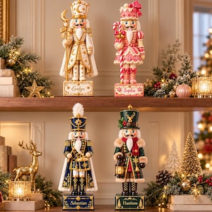 Può includere: Quattro statuette decorative di schiaccianoci su scaffali in legno. In alto a sinistra, uno schiaccianoci bianco e oro chiamato Evelyn. In alto a destra, uno schiaccianoci rosa e bianco a tema dolciumi chiamato Sophie. In basso a sinistra, uno schiaccianoci tamburino blu e oro chiamato Sebastian. In basso a destra, uno schiaccianoci verde e oro a tema foresta chiamato Harrison.