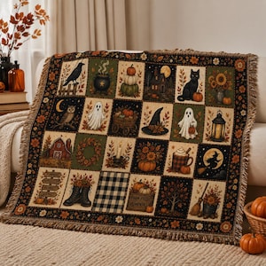 Vintage Halloween Woven Throw Blanket, Ghost Black Cat And Pumpkin Patchwork, Cozy Fall Home Decor, Housewarming Gift For Family Or Friend