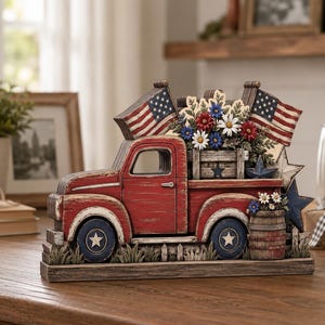 Patriotisk träklossdekor, vintage röd lastbilsblommig skylt, Americana bordshylldekor, fjärde juli-present till familj och vänner