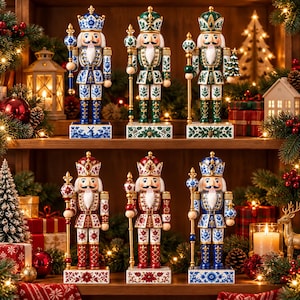 May include: Six decorative nutcracker figurines standing on rectangular bases, each wearing a crown and holding a staff. The figures feature intricate floral and geometric patterns in blue, green, red, and white, displayed on wooden shelves.