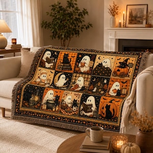 Vintage Halloween geweven plaid, schattige spookjes en zwarte katten patchwork, gezellige herfstdecoratie, housewarming cadeau voor familie of vriend