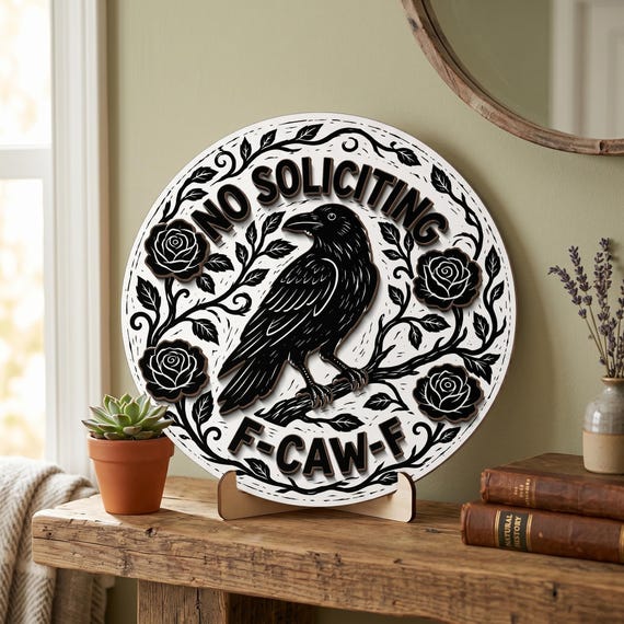 No Soliciting Wooden Sign, Funny Raven Door Hanger, Custom Shape 2