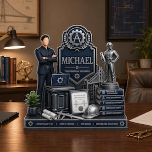 May include: A decorative desk display featuring a figure in a suit, a silver engineer statue, a central plaque labeled MICHAEL PROFESSIONAL ENGINEER, a Bachelor of Engineering certificate, books, a hard hat, and tools with the text INNOVATION PRECISION DESIGN PROBLEM SOLVING.