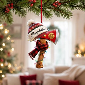 Könnte beinhalten: Ein hängender Weihnachtsbaumschmuck in Form einer roten Feuerwehraxt mit Holzstiel. Der Axtkopf zeigt ein goldenes Feuerwehrabzeichen und ist mit bunten Lichterketten umwickelt. Eine rot-weiße Strickmütze mit dem Namen Pumpernickel liegt oben auf.