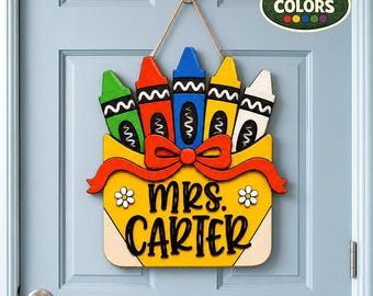 PERSONALIZABLE Teacher Door Sign, Custom Shape Two Layer Wooden Crayon Decor, CUSTOMIZABLE Classroom Name Plaque, Cute Back To School Gift