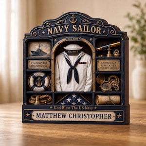 May include: A decorative Navy Sailor display featuring a white uniform with a sailor cap, a ship image, a life ring, a telescope, a compass, a rope, and a folded flag. The text reads NAVY SAILOR, U.S. NAVY, FAIR WINDS AND FOLLOWING SEAS, A SMOOTH SEA NEVER MADE A SKILLED SAILOR, GOD BLESS THE US NAVY, and MATTHEW CHRISTOPHER.