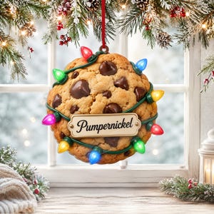 May include: A round chocolate chip cookie Christmas ornament hanging by a red ribbon. The cookie is wrapped in a string of colourful glowing holiday lights and features a central cream-coloured rectangular plaque with the name Pumpernickel.