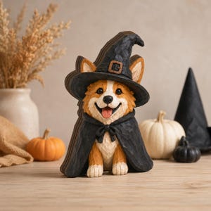Puede incluir: Una figura de madera tallada de un perro Corgi que lleva un sombrero de bruja negro y una capa negra a juego. El perro tiene pelaje color canela y blanco, una nariz negra y la boca abierta con una lengua rosada visible.