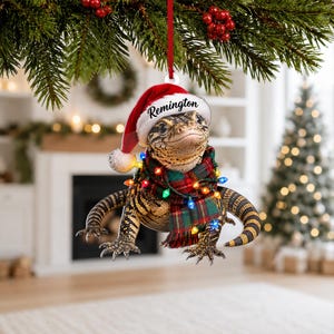 Personlig monitorödla julprydnad, festlig reptilträprydnad, anpassad namngåva för ödleälskare, exotisk husdjursdekor
