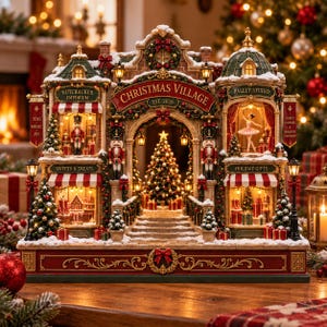 Peut inclure: Un village de Noël détaillé comprenant une arche centrale, un sapin illuminé et quatre boutiques nommées Nutcracker Emporium, Ballet Studio, Sweets & Treats et Holiday Gifts, le tout décoré de neige et de lumières festives.