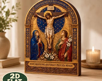 May include: An arched religious plaque featuring a central crucifix with Jesus, flanked by figures in blue and red robes. The background is a deep blue with gold stars. Text reads JESUS NAZARENUS REX IUDAEORUM, INRI, and ECCE AGNVS DEI QVI TOLLIT PECCATA MVNDI.