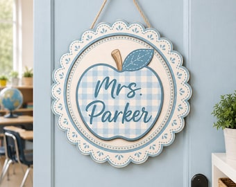 PERSONALIZABLE Teacher Apple Wood Sign, CUSTOMIZABLE 2 Layer Classroom Door Decor, Blue Gingham Gift For Teacher Birthday Back To School