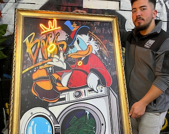 Premium Neon Boss Duck Canvas – Guldinramad gatuinredning / Modern popkonst-målning med anka