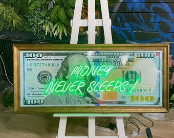 Money Never Sleeps Neon Sign – 100 Dollar Bill Framed Wall Art, LED Decor